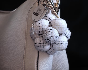 ready to ship TWEED FLOWER CHARM, fabric camellia handbag charm, white tweed floral bag decoration