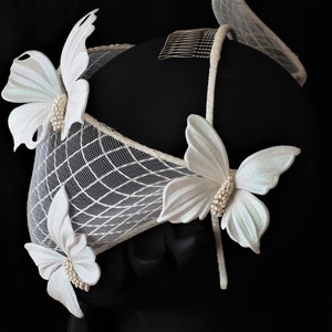 CONTEMPORARY BRIDAL VEIL headpiece, ivory birdcage bridal veil piece, crinoline veil with butterflies, pearlescent butterfly hairpiece image 3