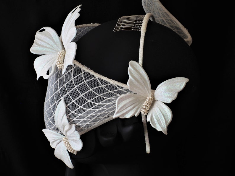 CONTEMPORARY BRIDAL VEIL headpiece, ivory birdcage bridal veil piece, crinoline veil with butterflies, pearlescent butterfly hairpiece image 3