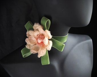 ready to ship peach SILK ANEMONE CHOKER, velvet choker with a hand dyed silk flower, fabric flower choker, Marie Antoinette necklace
