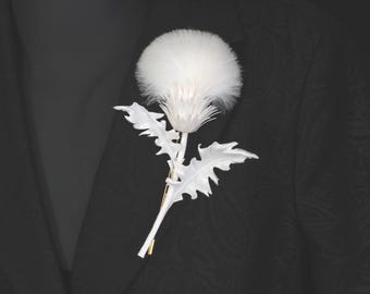 gotowy do wysyłki BIAŁY JEDWABNY OSET, kwiatowa butonierka ślubna, broszka do smokingu, broszka botaniczna