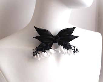 ready to ship BOTANICAL BOW TIE brooch, silk bell neck brooch, black and white fabric bluebell bowtie