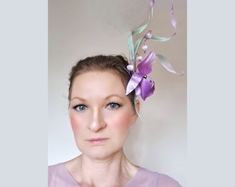 ready to ship SILK ORCHID HEADPIECE, bridal floral fascinator, tropical orchid headband, statement headpiece, pink lilac orchid hairpiece