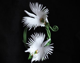 ready to ship handmade VELVET ORCHID BROOCH, orchid jewelry, cotton gift for her, white egret orchids, white bird orchid brooch