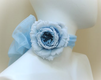 ready to ship powder BLUE ROSE CHOKER, velvet flower choker with a hand dyed silk rose, silk flower choker, Marie Antoinette velvet necklace