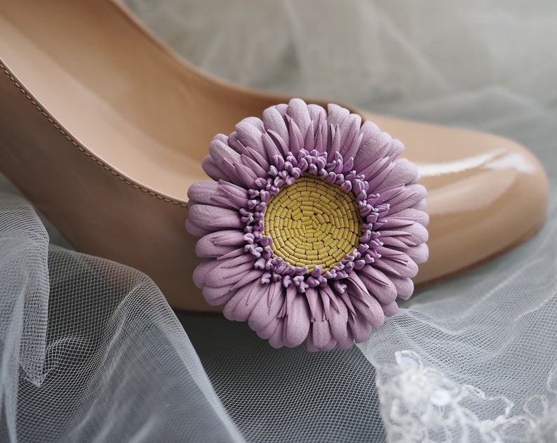 ready to ship pink LEATHER SHOE CLIPS, gerbera flower shoe clips, bridal flower shoe brooches, leather anniversary gift for her image 1