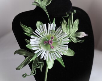 ready to ship white SILK PASSION FLOWER brooch, silk passiflora, artificial passionflower, exotic wedding passion flower boutonniere
