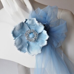 BABY BLUE ROSE wrist corsage, velvet rose wrist corsage, pale blue and silver tulle wrist corsage, powder blue flower prom corsage