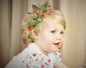 Fabric strawberry headpiece, fabric strawberries, flower girls headband, berry headband, costume headdress, costume tiara