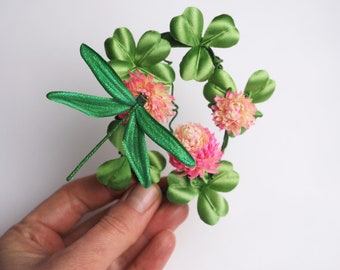 ready to ship SILK CLOVER BROOCH, clover jewelry, lucky four leaf clover brooch, fabric flower brooch, Irish wedding, St Patrick's Day