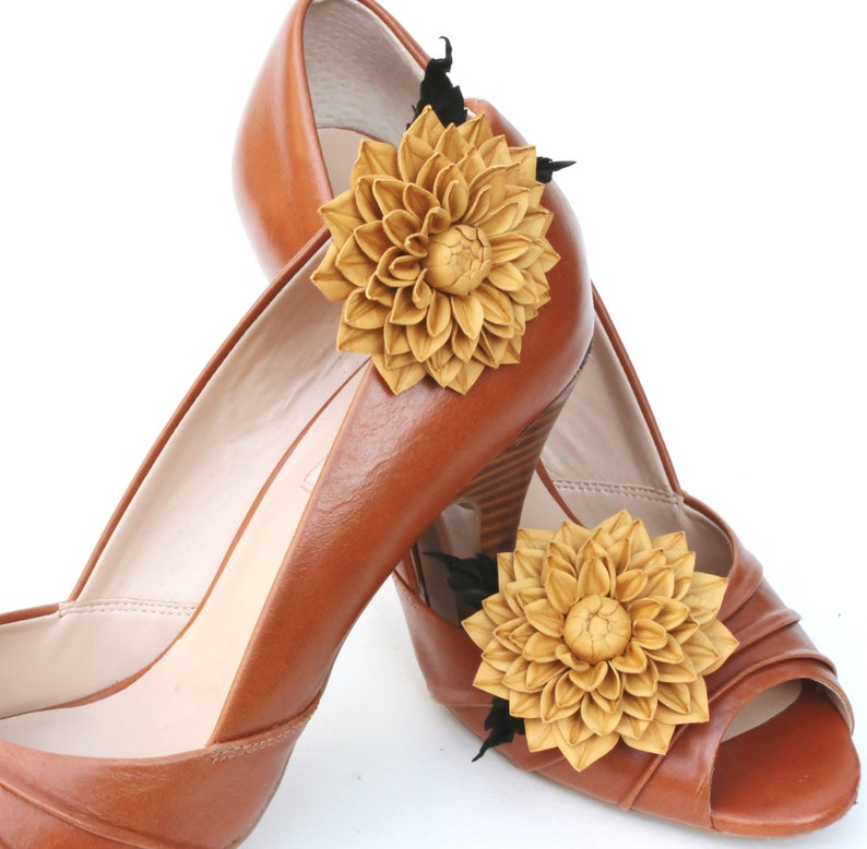 Leather flower shoe clips, wedding shoe brooches, bridal shoe clips, leather anniversary gift, leather shoe clips, leather wedding, dahlia image 1