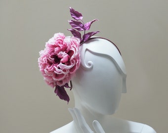 hand dyed PINK ROSE HEADPIECE, oversized silk flower headband, bridal fascinator, pink silk rose wedding hairpiece