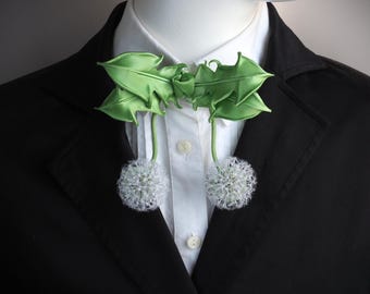 ready to ship silk DANDELION BOW TIE brooch, handmade dandelion clock, fabric dandelion botanical bow tie