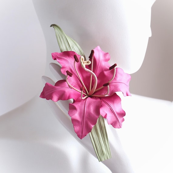 ready to ship hot PINK LEATHER LILY corsage, leather flower corsage, anniversary gift for her, pink lily wedding, pink leather flower
