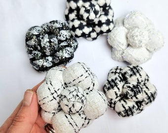 ready to ship textured TWEED FLOWER BROOCH, fabric floral corsage, monochrome textile pin