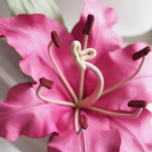 ready to ship hot PINK LEATHER LILY corsage, leather flower corsage, anniversary gift for her, pink lily wedding, pink leather flower image 2