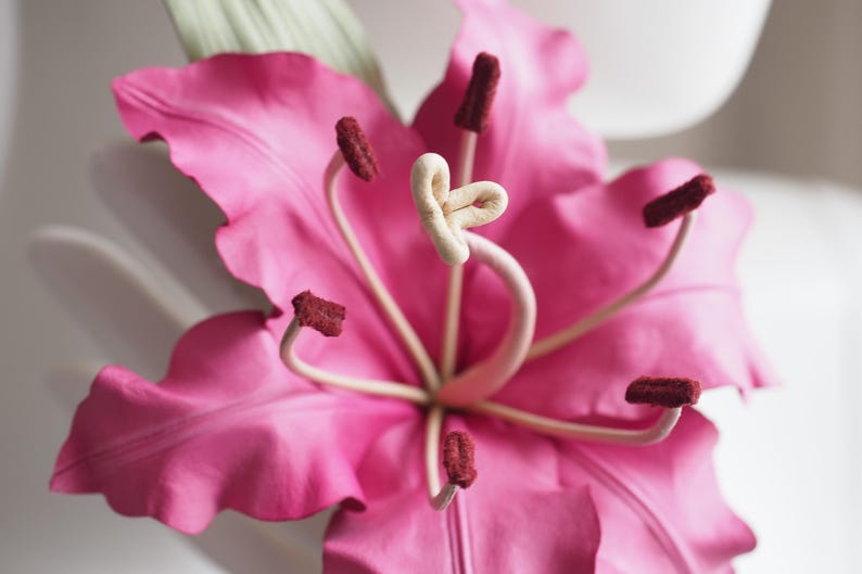 ready to ship hot PINK LEATHER LILY corsage, leather flower corsage, anniversary gift for her, pink lily wedding, pink leather flower image 2