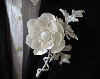 ready to ship ivory SILK ANEMONE BOUTONNIERE, silk flower buttonhole, fabric flower grooms buttonhole, ivory silk and velvet flower pin