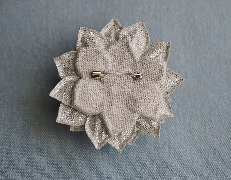 silver cotton dahlia brooch pin silver flower SILVER COTTON BROOCH textile flower pin silver fabric jewellery metallic fabric corsage