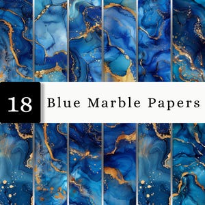 May include: A collection of 18 digital papers featuring blue and gold marble patterns with swirling ink textures and metallic gold accents. The image includes the text 18 Blue Marble Papers displayed in a black and white rectangular banner.
