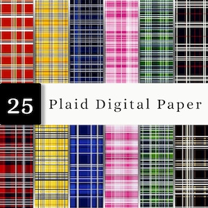 Può includere: Una collezione di 25 carte digitali con motivi scozzesi in varie combinazioni di colori, tra cui rosso, giallo, blu, rosa, verde e nero con linee bianche che si incrociano. Il testo 25 Plaid Digital Paper è visualizzato chiaramente.