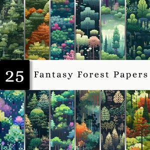 Può includere: Una collezione di 25 carte digitali che presentano diversi paesaggi forestali con alberi stilizzati in tonalità di verde, arancione, rosa e blu. L'immagine include il testo 25 Fantasy Forest Papers visualizzato in un riquadro rettangolare bianco e nero.