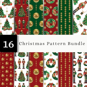 Può includere: Una collezione digitale di 16 motivi natalizi con elementi festivi tra cui alberi di pino decorati, schiaccianoci, ornamenti dorati, ghirlande verdi e stelle dorate su sfondi rossi, verdi e bianchi con il testo 16 Christmas Pattern Bundle.