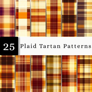 Peut inclure: Une collection de 25 motifs tartan écossais présentant une variété de lignes et de carrés entrecroisés dans des palettes de couleurs chaudes incluant des tons orange, jaune, marron, crème et rouge foncé, avec le texte 25 Plaid Tartan Patterns.