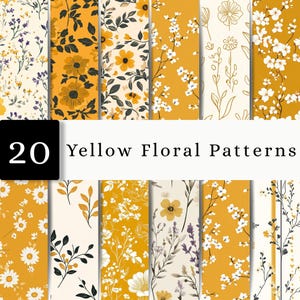 May include: A collection of 20 digital papers featuring yellow floral patterns. The designs include various botanical illustrations, such as daisies, wildflowers, and leafy branches, displayed in shades of mustard yellow, cream, and black.