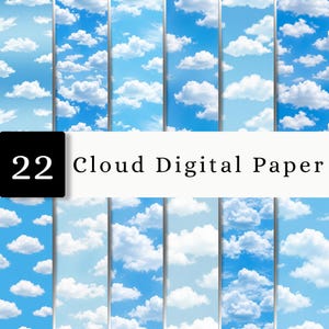Può includere: Una collezione di 22 fogli di carta digitale con vari motivi di nuvole bianche su un cielo azzurro brillante. L'immagine include un quadrato nero con il testo bianco 22 e un banner rettangolare bianco con il testo Cloud Digital Paper.