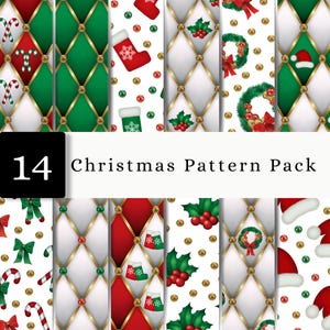 Könnte beinhalten: Eine digitale Sammlung von 14 Weihnachtsmustern mit Rautensteppung und goldenen Nieten, Zuckerstangen, roten und grünen Strümpfen, Stechpalmen, Kränzen und Weihnachtsmützen auf weißem, rotem und grünem Hintergrund mit Text 14 Christmas Pattern Pack.