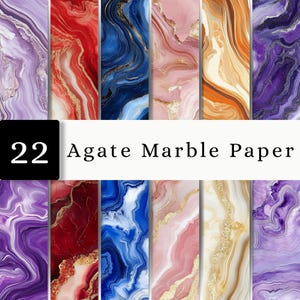May include: A collection of 22 digital papers featuring agate and marble patterns in various colors including purple, red, blue, pink, and gold. The text 22 Agate Marble Paper is displayed in the center over the vertical rectangular designs.