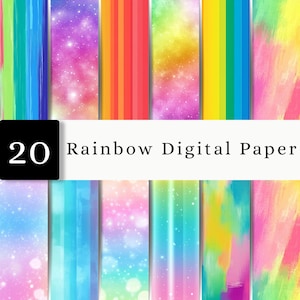 May include: A collection of 20 rainbow digital paper designs featuring various patterns including vertical stripes, galaxy-inspired star fields, soft bokeh light effects, and textured brushstroke gradients in vibrant multi-colored palettes.
