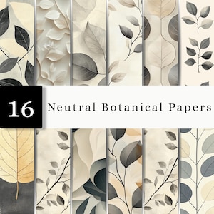 Pode incluir: Uma coleção de 16 papéis digitais com padrões botânicos neutros e várias ilustrações de folhas em tons de preto, cinza, bege e creme. O texto 16 Neutral Botanical Papers é exibido de forma proeminente no centro da imagem.