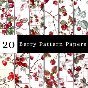 May include: A collection of 20 digital papers featuring various botanical illustrations of red raspberries and blackberries on white backgrounds with red grid patterns, green leaves, and brown stems, labeled with the text 20 Berry Pattern Papers.