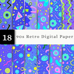 May include: A collection of 18 digital paper designs featuring vibrant 90s retro patterns. The graphics include neon circles, triangles, squiggly lines, and abstract shapes in bright shades of blue, pink, yellow, and green on a blue background.
