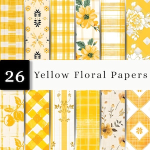 Puede incluir: Una colección de 26 papeles digitales con patrones florales amarillos, diseños de cuadros y motivos ajedrezados. El conjunto incluye varias ilustraciones de flores, hojas y formas geométricas con el texto 26 Yellow Floral Papers.