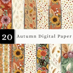 Pode incluir: Uma coleção de 20 folhas de papel digital com padrões de temática de outono. Os designs incluem girassóis, erva-das-pampas seca, algodão, folhas de outono e pequenas estampas florais em tons de laranja, amarelo, castanho e creme. O texto diz 20 Autumn Digital Paper.