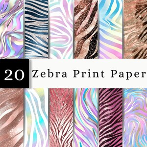 Può includere: Una collezione di 20 carte digitali con vari motivi zebrati in finiture iridescenti, glitterate e metallizzate, tra cui tonalità di blu, viola, rosa, oro rosa e nero. Il testo 20 Zebra Print Paper è centrato.