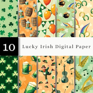 Puede incluir: Una colección de 10 patrones de papel digital con ilustraciones de temática irlandesa que incluyen tréboles verdes, barriles de madera, botellas de whisky, globos naranjas, ollas de oro, arcoíris, herraduras, jarras de cerveza, duendes, violines y arpas.
