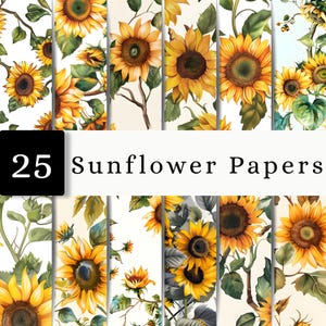 May include: A collection of 25 digital papers featuring various illustrations of yellow sunflowers with green leaves and stems. The image displays multiple vertical panels showcasing different sunflower arrangements on light backgrounds with the text 25 Sunflower Papers.