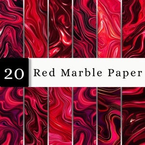 May include: A collection of 20 digital paper sheets featuring a red marble pattern with swirling liquid textures in shades of crimson, scarlet, and deep black. The text 20 Red Marble Paper is displayed in a black and white rectangular overlay.