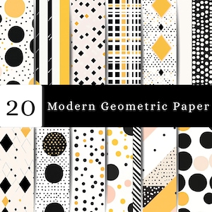 May include: A collection of 20 digital papers featuring geometric patterns in black, white, and yellow. Designs include polka dots, stripes, diamonds, and plaid grids. The text 20 Modern Geometric Paper is displayed in a white and black box.