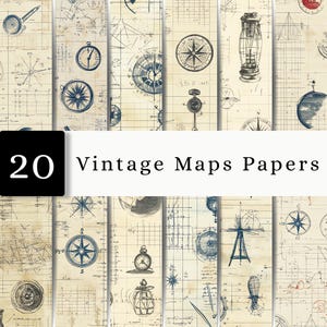 May include: A collection of 20 digital papers featuring vintage-style maps, navigational compasses, lanterns, and technical drafting sketches on a cream-colored grid background with handwritten notes and geometric lines in dark blue and black ink.