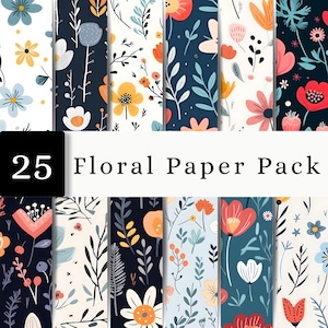 May include: A collection of 25 digital papers featuring various floral and botanical patterns in shades of navy blue, white, orange, pink, and light blue. The text 25 Floral Paper Pack is displayed in black and white over the center of the image.
