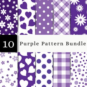 May include: A digital collection of 10 purple pattern designs featuring white and purple motifs including flowers, hearts, polka dots, and plaid checks. The image includes the text 10 Purple Pattern Bundle displayed in a black and white banner.