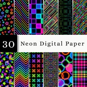 Puede incluir: Una colección de 30 papeles digitales con diseños de neón vibrantes sobre fondos negros. Los patrones incluyen estrellas brillantes, rayas diagonales, cuadrados, formas geométricas, puntos, cruces, triángulos, círculos y cuadros en colores vivos.