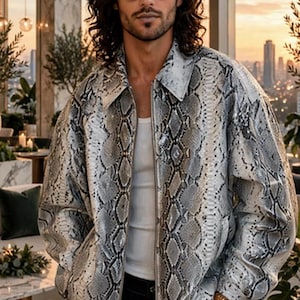 May include: A long-sleeved jacket featuring a grey and white snakeskin pattern, a pointed collar, and a full-length front zipper. The jacket is worn over a plain white tank top and paired with dark trousers, accessorized with a gold-toned wristwatch.