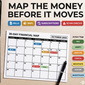 May include: A laptop displaying a financial spreadsheet sits on a wooden desk next to a 30-day financial map for October 2023. The map includes action tags like "Pay" and "Verify". A black pen rests on the map.