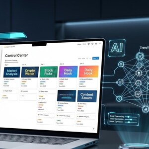 Puede incluir: Un portátil muestra una interfaz de "Control Center" con análisis de datos e información del mercado. Proyecciones holográficas muestran el crecimiento del mercado de valores, la previsión de tendencias impulsada por IA y el texto "90 DAYS".